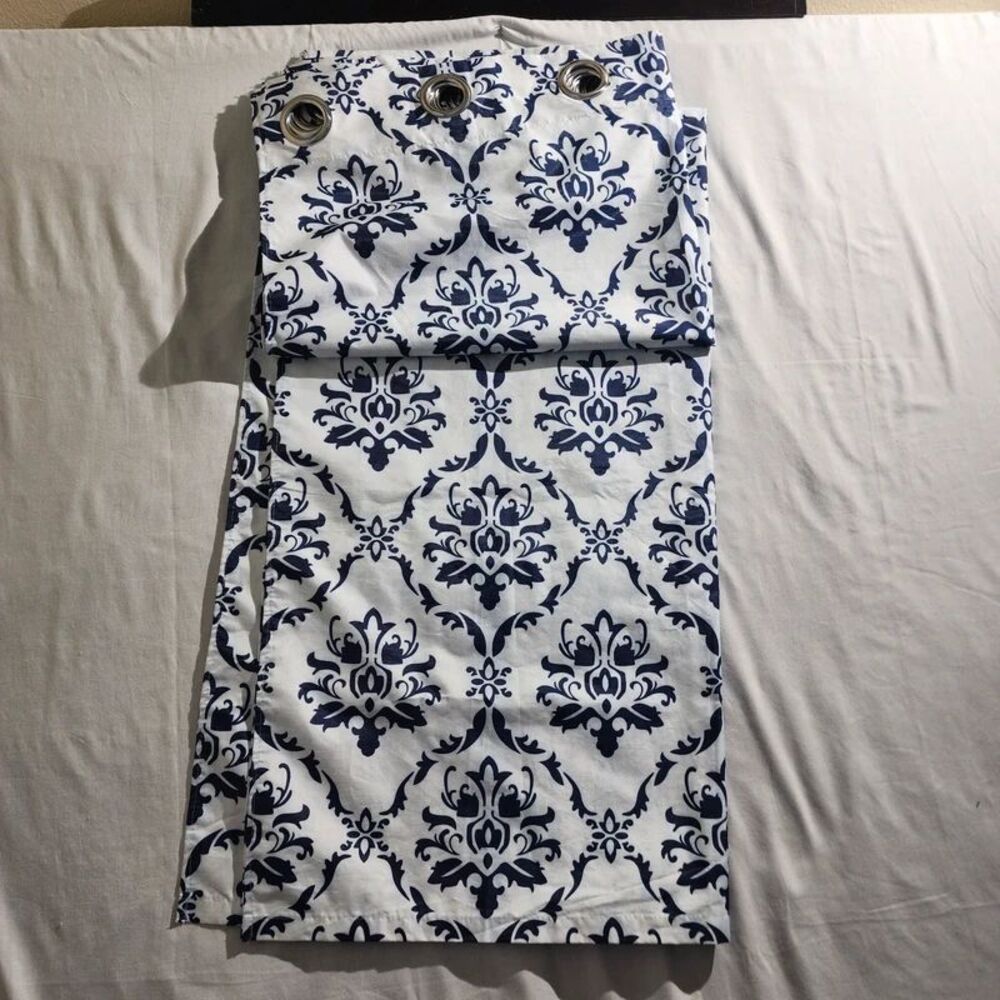 Set of 4 Navy White Damask Grommet Curtain Panels 37x63 Window Drapes Set